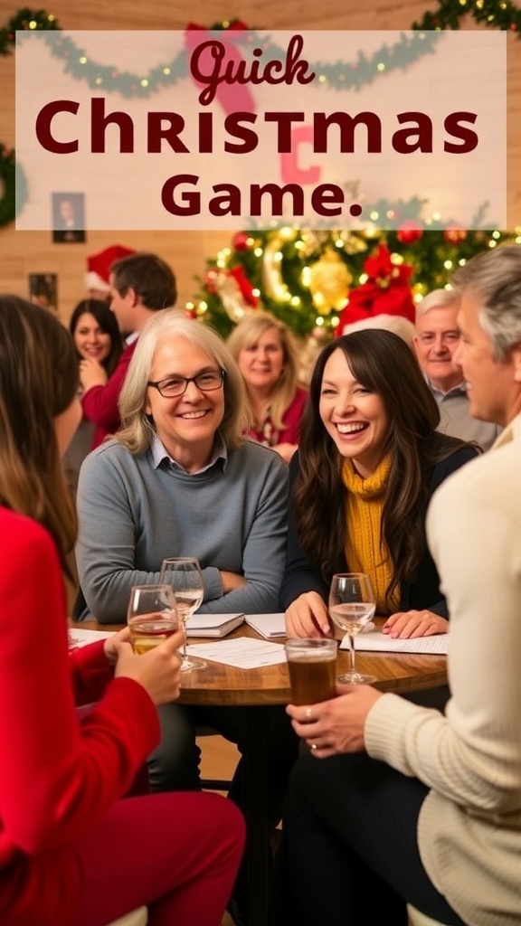 Friends and family enjoying quick Christmas games at a festive gathering.
